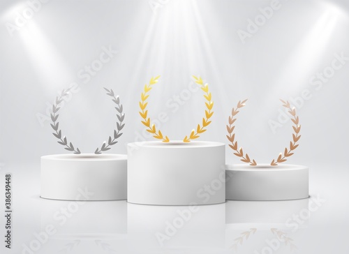 Winner pedestal with laurel. White cylinder podiums under spotlights realistic mockup. Gold silver bronze leaf round wreath on stages, first second third place award ceremony vector concept photo