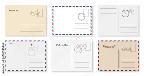 Postcard template. Blank vintage postal card with post stamp for greeting message, invitation letter posting report of travel, kraft paper frame back side delivery vector isolated set