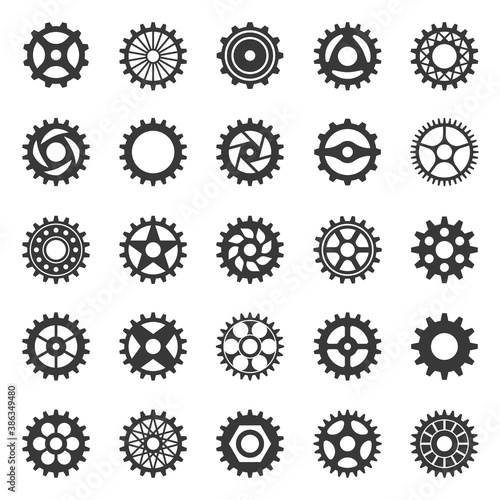 Gears. Transmission cogwheel movement black silhouette collection, connecting mechanism cog system set, mechanical engine structure component app circle button graphic vector icons