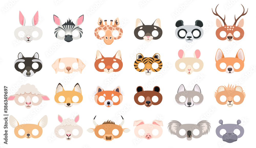 Animal mask set. Photo booth props of beasts face masks, wild and domestic animals head for party masquerade, carnival birthday or halloween colorful accessories cartoon vector collection
