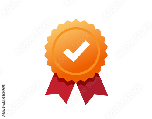 Golden rosette award medal with check mark tick label, concept of premium quality or recommended certificate icon, idea of guaranty or warranty badge, approved check mark ribbon