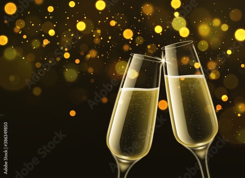 Champagne glasses. Celebratory sparkling wine in realistic 3d clink wineglasses and gold bokeh effect, congratulatory toast symbol festive new year party selebration vector background