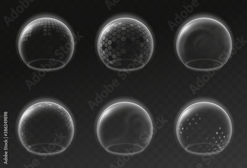 Force field. Bubble shields covid-19 security defense safety, energy barrier of immune mockup, realistic antiviral domes, protection environment, glowing transparent sphere 3d vector set