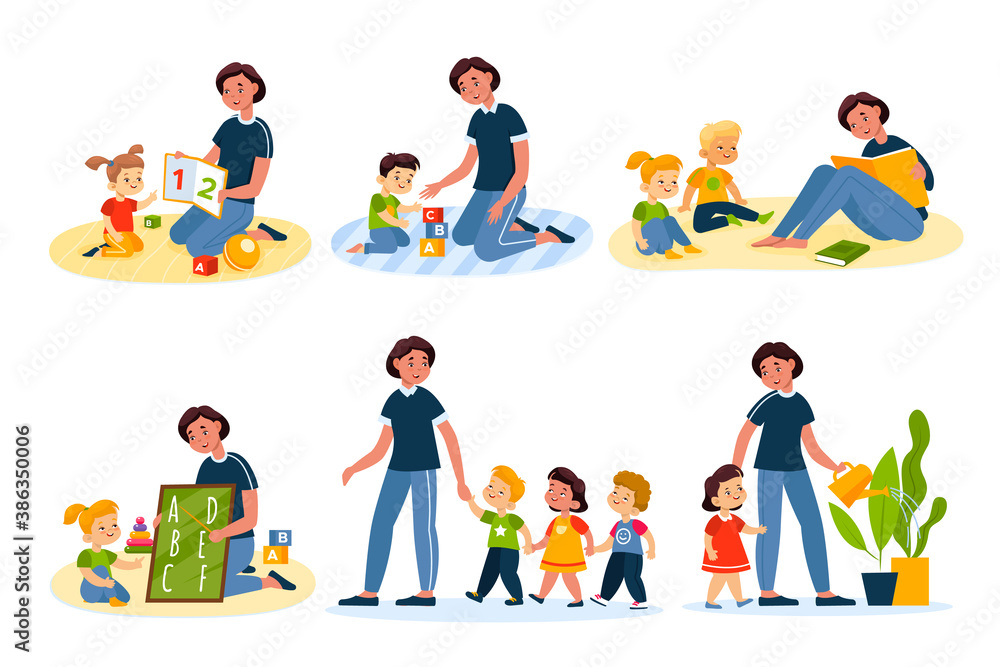 Kids in kindergarten. Preschool children girls, boys and teacher learn numbers and english alphabet, play together, child listen fairy tales vector cartoon characters collection Kids in kindergarten. Preschool children girls, boys and teacher learn numbers and english alphabet, play together, child listen fairy tales vector cartoon characters collection