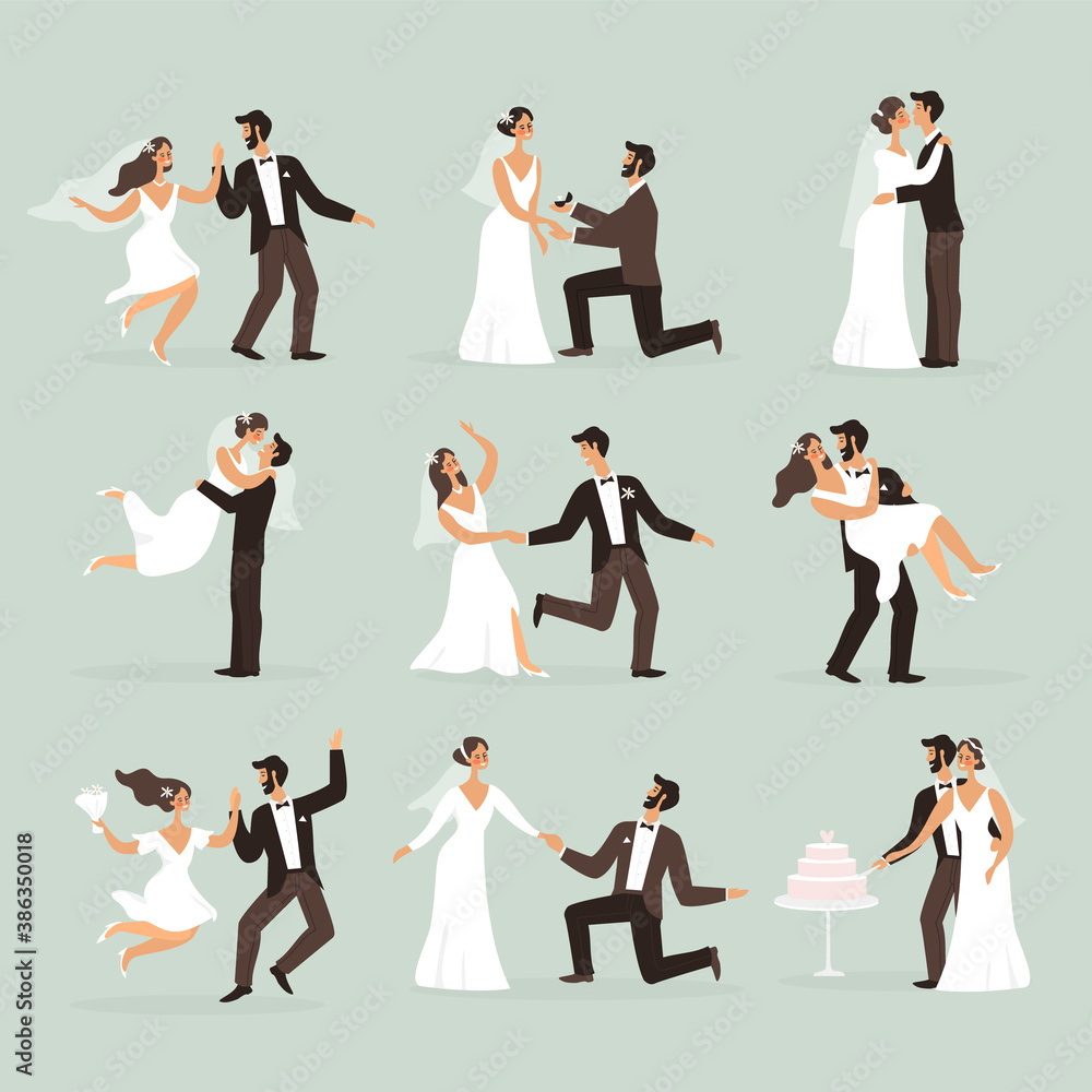 © YummyBuum - Bride and groom. Wedding couple in various poses jump, dance and kiss, hug and cut cake. Marriage ceremony scenes, man and woman in love vector flat cartoon trendy characters set