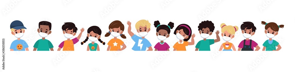 Kids with mask. Children in medical masks for protect disease, flu, smog and covid-19. Multiethnic group boys and girls stop spread viruses beware epidemic cartoon flat vector illustration Kids with mask. Children in medical masks for protect disease, flu, smog and covid-19. Multiethnic group boys and girls stop spread viruses beware epidemic cartoon flat vector illustration