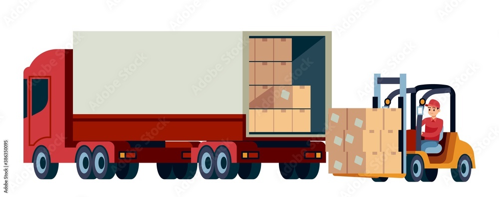 Fototapeta premium Loader unloads cargo from truck. Delivery service and moving concept. Logistic transportation forklift and trucks with cardboard boxes. Warehouse worker moving container vector illustration