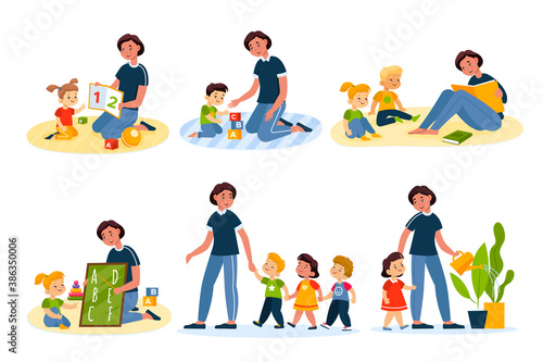 Kids in kindergarten. Preschool children girls  boys and teacher learn numbers and english alphabet  play together  child listen fairy tales vector cartoon characters collection