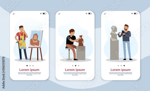 Hobby persons. Achievement career concept for mobile web page, smartphone screen app. Men draws picture, makes pottery and sculpture, artist and sculptor creative proffession vector set