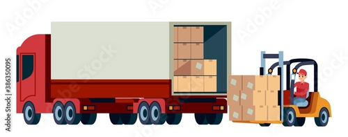 Loader unloads cargo from truck. Delivery service and moving concept. Logistic transportation forklift and trucks with cardboard boxes. Warehouse worker moving container vector illustration