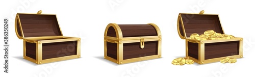 Three large chests. Empty closed chest pile of bright golden coins inside vintage wooden trunk, medieval mystery pirate treasure, prize profit or success symbol vector isolated set