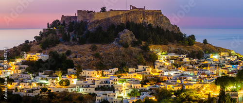 Rhodes, Greece-panoramic view of Lindos, town, fortress and Acropolis.