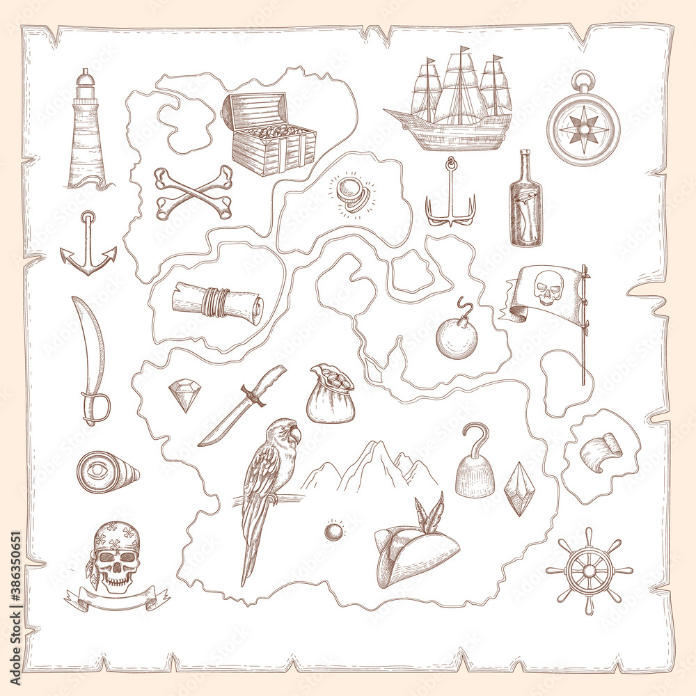 Pirate symbols. Ancient old map of treasures medieval sea ships and weapons old ocean creatures vector nautical objects. Illustration parchment map, ancient cartography vintage, treasure and antique Pirate symbols. Ancient old map of treasures medieval sea ships and weapons old ocean creatures vector nautical objects. Illustration parchment map, ancient cartography vintage, treasure and antique