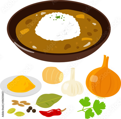 カレーライスと材料のスパイスや野菜