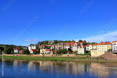 July 26 2020 - Meissen/Germany: old former fisherman's houses on the bank of the Elbe river in the area of Meissen, Saxony