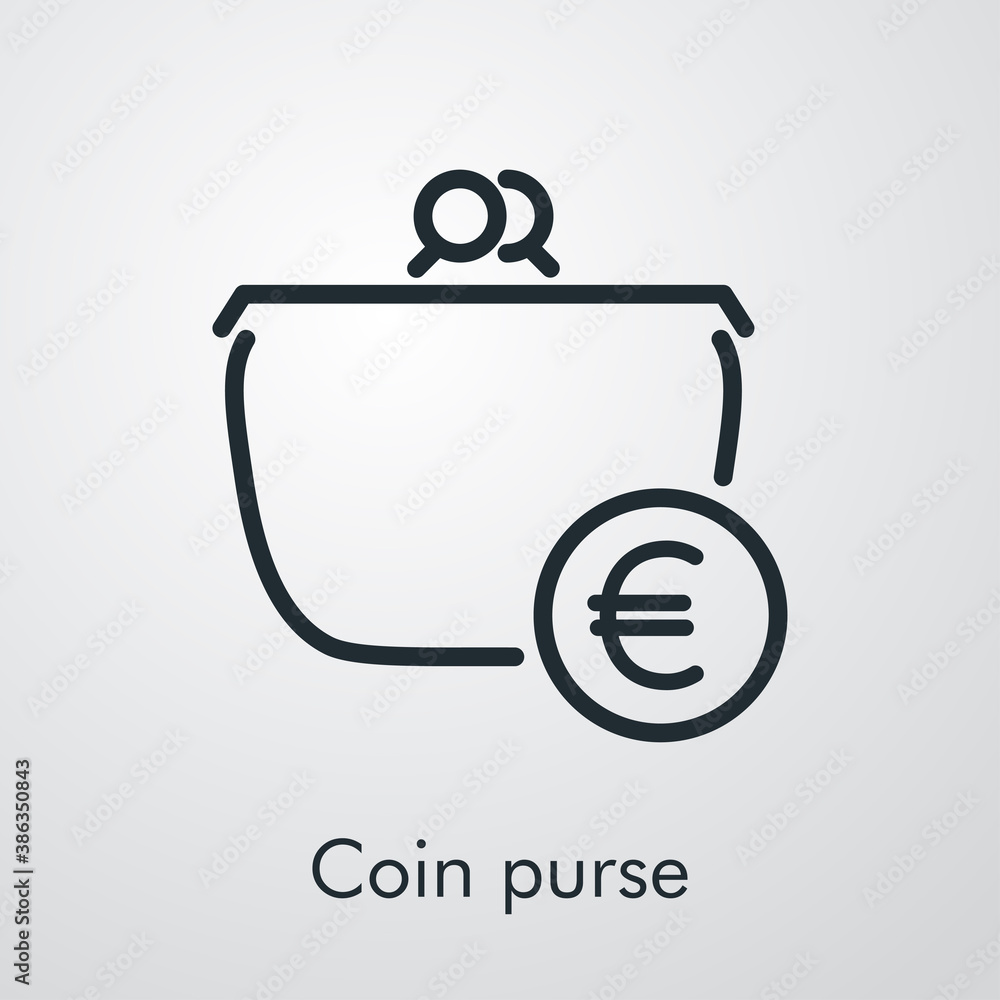Icono lineal con texto Coin purse con monedero con símbolo de euro en círculo en fondo gris - obrazy, fototapety, plakaty 