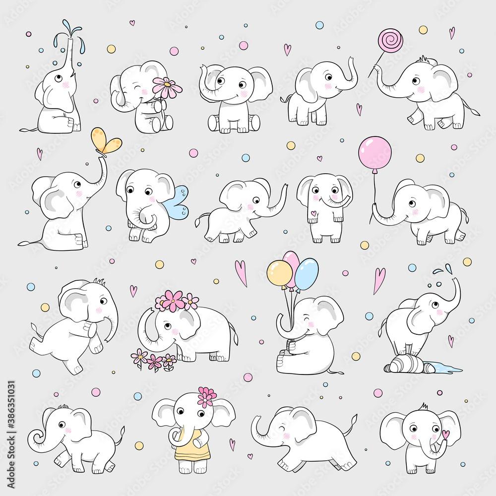 Cute elephant. Wild animals in various poses attractive characters vector cartoon drawn sketch. Elephant adorable with trunk, different pose mascot illustration