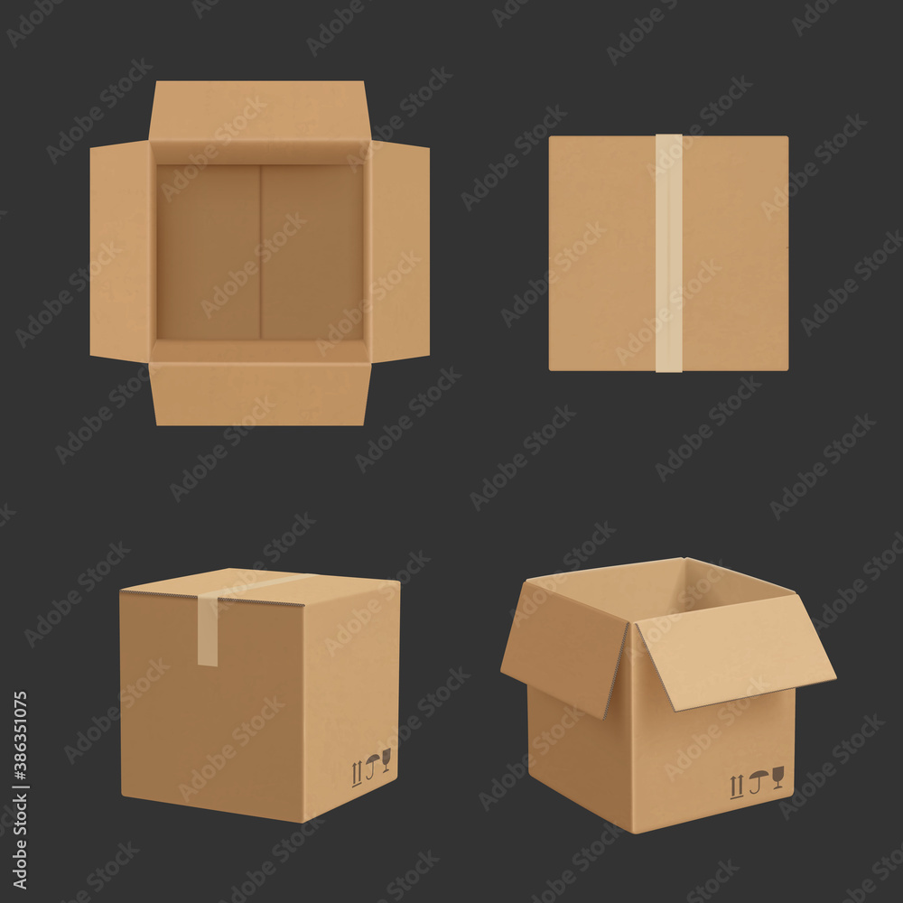Cardboard box. Paper box different point views transporting package realistic vector mockup. Illustration paper cardboard blank, box empty container for pack Cardboard box. Paper box different point views transporting package realistic vector mockup. Illustration paper cardboard blank, box empty container for pack