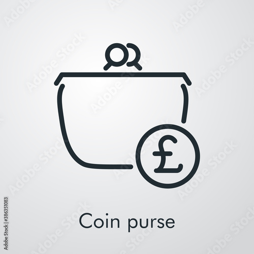 Icono lineal con texto Coin purse con monedero con símbolo de libra sterling en círculo en fondo gris