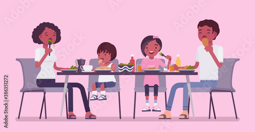 Happy black family eating dinner at table. Parents and kids gathering for food after work and study, sitting together to enjoy healthy tasty home-cooked meals. Vector flat style cartoon illustration