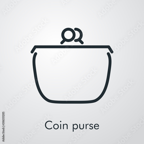 Icono lineal con texto Coin purse con monedero en fondo gris