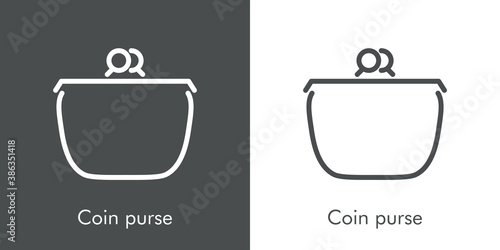 Icono lineal con texto Coin purse con monedero en fondo gris y fondo blanco