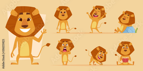Fototapeta Naklejka Na Ścianę i Meble -  Lion cartoon. Wild african animal in action poses safari lions characters vector isolated. Lion predator happiness and scary, hungry and friendly mascot illustration