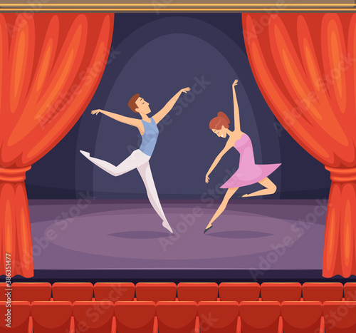 Ballet stage. Dancer male and female dancing on stage vector beautiful background with red curtains in theatre. Stage with dancing ballet performance, young girl and boy at concert illustration