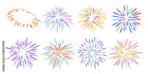 Hand drawn fireworks. Festival firework explosions, colorful burst flat vector set