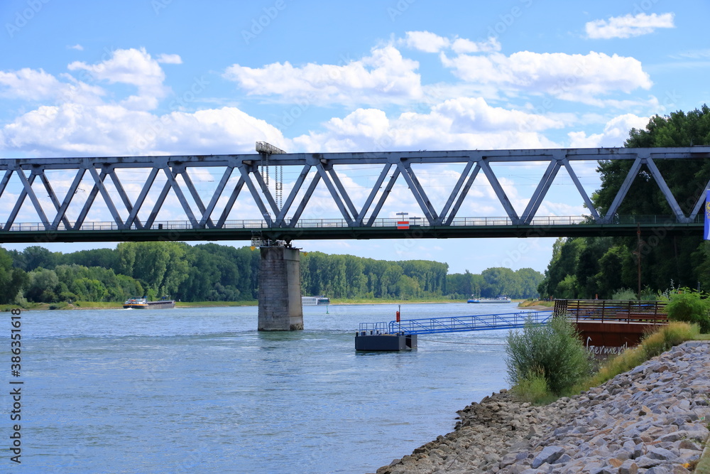 Fototapeta premium Inland shipping transport on the rhine river near germersheim