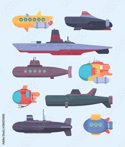 Underwater boat. Submarines diving ocean exploration vector cartoon illustrations set. Military and researching ship to dive underwater
