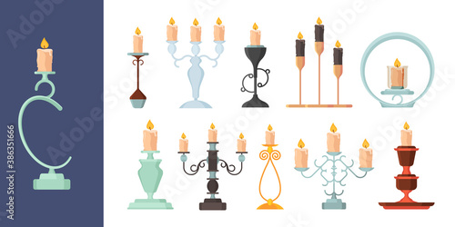Candlestick. Burning fire on candle holder vintage metal candelabrum ancient decoration vector collection. Illustration candlelight illuminate, melting candle collection