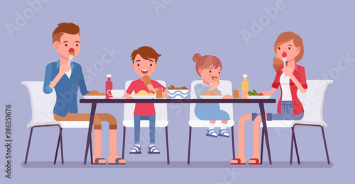 Happy family eating dinner at home table. Parents and kids gathering for food after work and study, sitting together to enjoy healthy tasty home-cooked meals. Vector flat style cartoon illustration