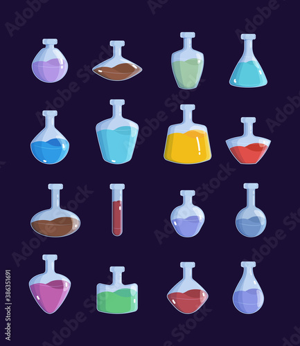 Potion jar. Witchcraft magic bottles game design objects antidot vector pictures set. Illustration elixir and potion for game, antidot bottle