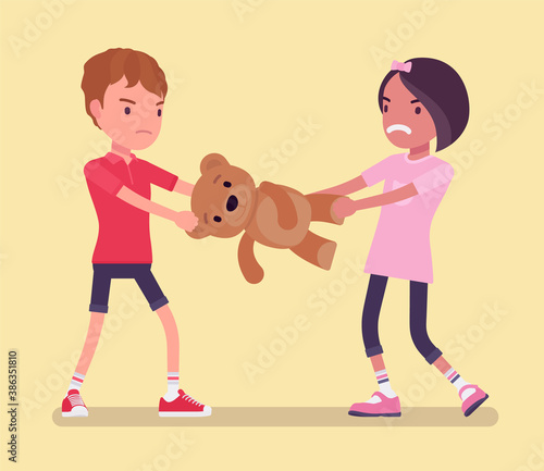 Conflict of interest, little boy and girl sharing toy bear. Brother and sister jealousy childhood problem, sibling rivalry, family feelings and aggression. Vector flat style cartoon illustration