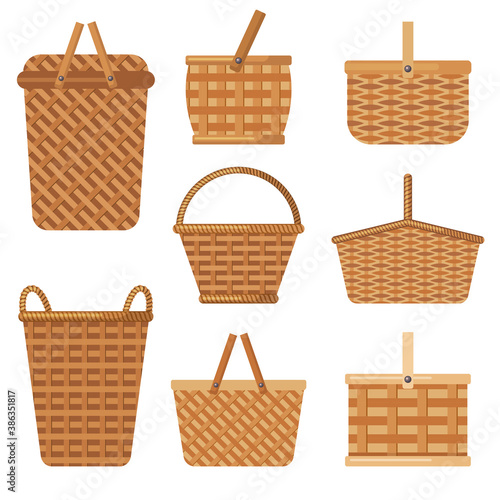 Decorative basket. Handcraft basket for products boxes for camping holiday hampers vector collection. Basket hamper to relaxation picnic, eco bag wicker illustration
