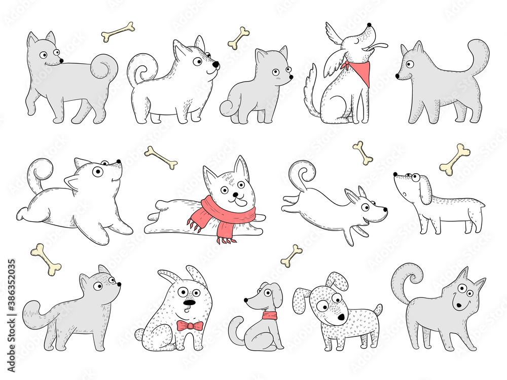 Fototapeta premium Funny dogs. Domestic puppy characters in action poses sitting jumping playing vector animals. Domestic dog pose, funny puppy breed illustration