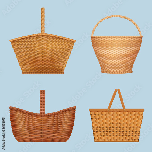 Picnic basket. Handmade decorative containers for nature food vector empty wooden basket vector realistic collection. Basket hamper fot outdoor relaxation, picnic and bbq illustration