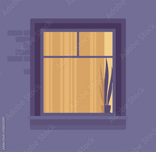 Window at night with closed curtains in the evening time. Empty nighttime flat with light inside, illuminated neighbour apartment, warm yellow indoor lighting. Vector flat style cartoon illustration