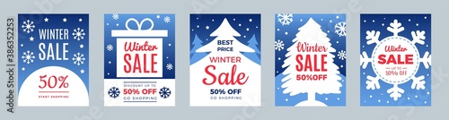 New year sale. Season discount, winter best price flyers set. Christmas promo cards vector template. Xmas flyer advertising, promotion holiday discount illustration