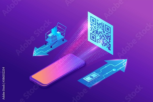 QR code pay isometric infographics with phone reading tag, smartphone scanning label, online payment concept, 3d vector illustration of mobile application