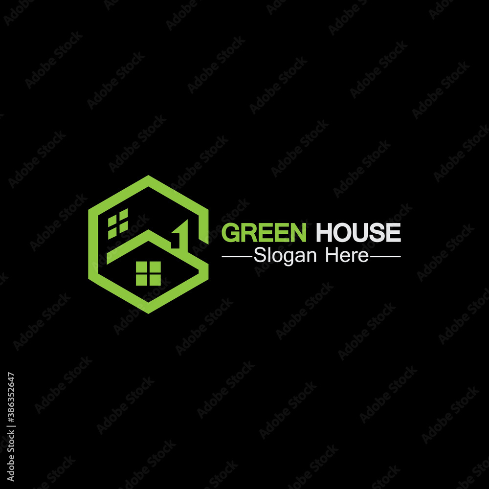 Green house logo.real estate logo ideas concept for eco home isolated black background Green house logo.real estate logo ideas concept for eco home isolated black background