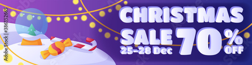 Horizontal banner template design. Christmas sales discounts up to 70 percent. Purple bright cartoon illustration.