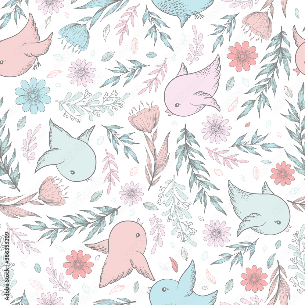 Seamless vector pattern with hand drawn branches, leaves, flowers and cute birds in pastel colors isolated on white background. Design for decoration, print, fabric, wallpaper, card