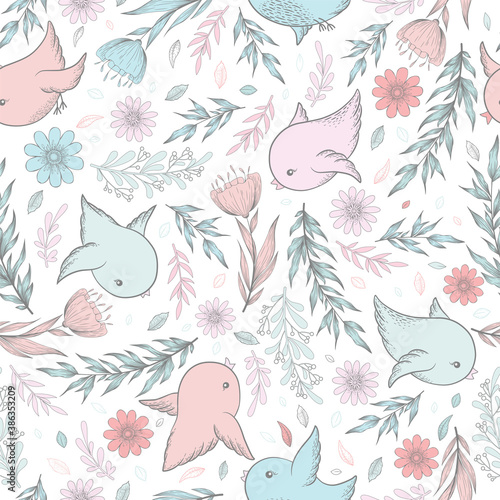Seamless vector pattern with hand drawn branches, leaves, flowers and cute birds in pastel colors isolated on white background. Design for decoration, print, fabric, wallpaper, card