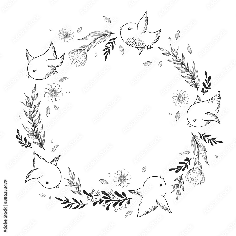 Fototapeta premium Vector black and white card with round frame from hand drawn branches, leaves, flowers and cute birds