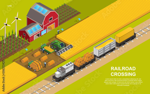 Railroad or rail transportation concept. A train loaded with grain and bales of hay crossing agricultural land. Isometric cartoon vector illustration. Website or web page template.