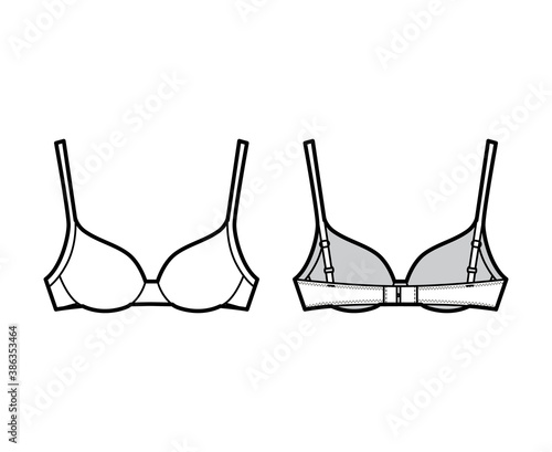 Bra contour molded cup lingerie technical fashion illustration with adjustable straps, hook-and-eye closure. Flat brassiere template front back white color style. Women men unisex underwear CAD mockup