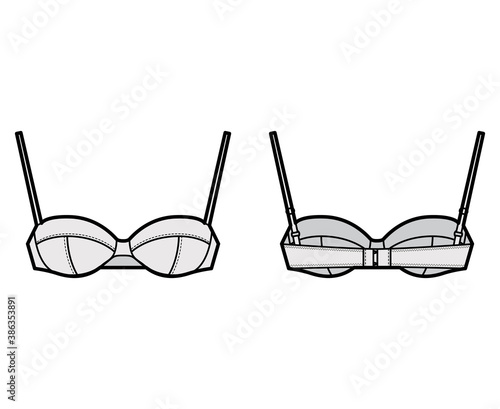 Balconette bra lingerie technical fashion illustration with full adjustable shoulder straps, hook-and-eye closure. Flat brassiere template front, back grey color style. Women men underwear CAD mockup