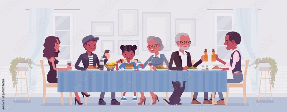 Big happy black family eating festive dinner at table. Holiday gathering for many people of different generations, friends, community, dining traditions. Vector flat style cartoon illustration - obrazy, fototapety, plakaty 
